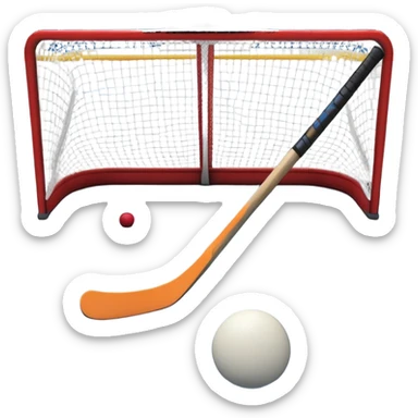 A ball and hockey stick resting on an ice rink, with the goalposts and clear markings in the background. The scene captures the unique nature of field hockey with a ball on ice, emphasizing the speed and precision of the sport in a cold, competitive atmosphere. sticker