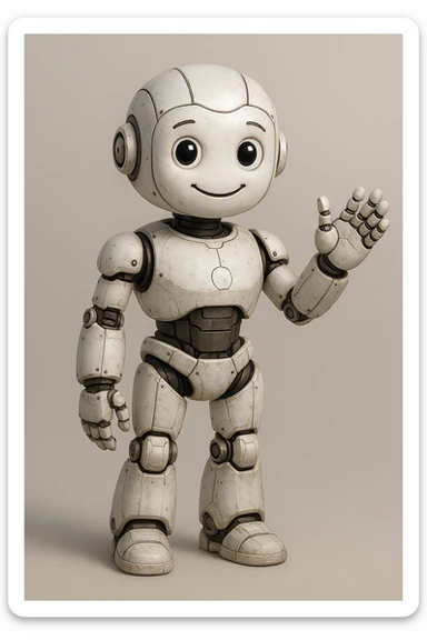 humanoid-shaped robot made of white painted metal, simulating personified artificial intelligence, expressive features, friendly appearance sticker