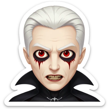 Creat a young man Vampire with white skin and white hair "make him have slide back hair" and full black vampire clothes and bloody eyes and long fangs and scary dead eyes sticker