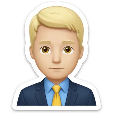 consulting man with hand with white skin and blonde hair with blue shirt and yellow tie and black blazer sticker