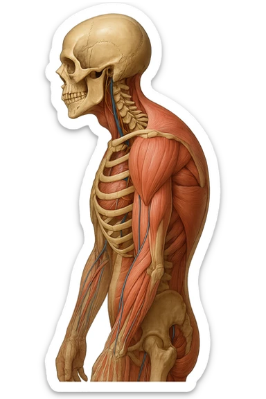 corpo UMANO ANATOMICO di profilo con spalle chiuse in avanti, postura errata, iperrealistico 4k sticker