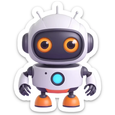 Friendly robot with big expressive eyes — round head, glossy finish, slightly clumsy but charming (think Wall-E meets Baymax). sticker