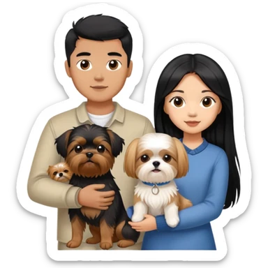 A beautiful Asian girl with long black hair is holding a Yorkshire Terrier. She is standing next to her brown skinned boyfriend, who is holding a Shih Tzu. They are each holding one dog each sticker