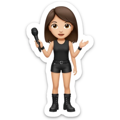 Crie uma cantora morena charmosa de shortes top e bota com microfone branca e cabelo preto Bota preta roupa preta sticker