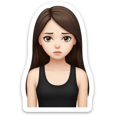 a fair girl with straight long brunette hair, black tank top, eyeliner on. Looking sad sticker