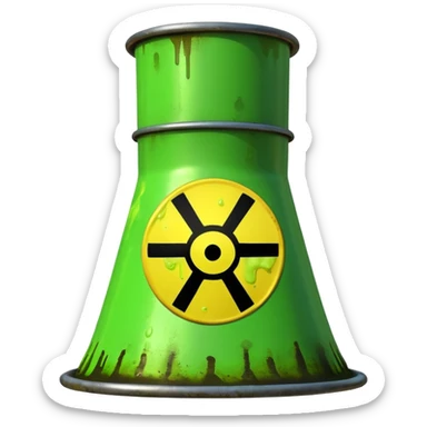 3D render of Nuclear Smokestack, toxic waste aesthetic, neon green bubbling liquid, caution yellow metal, industrial warning texture. sticker