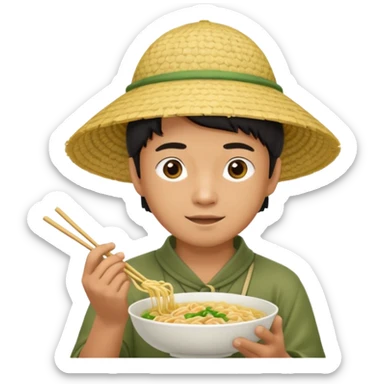 Asian man in a rice paddy hat eating noodles sticker