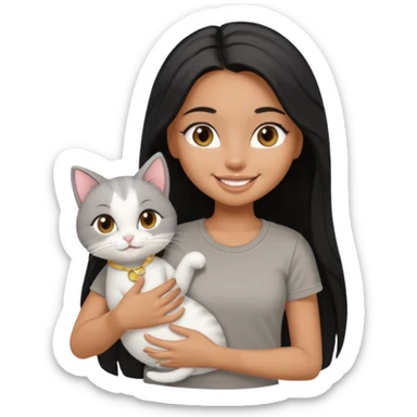 a pretty tan bratz girl with black long straight hair, wearing a grey tshirt smiling and holding a white cat\ sticker