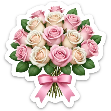 round bouquet of light pink, and white roses with pink wrapping sticker