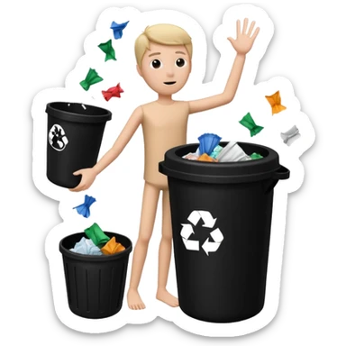 give me a white stickman and a black trash can and trash and make the man throw some trash can and make the background black  sticker