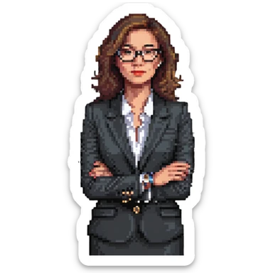 front-facing pixel art illustration of a thoughtful businesswoman from the waist up, wearing a sharp suit and stylish glasses, one hand under chin, gazing slightly to the side, luxury watch visible on wrist, expression of curiosity and contemplation, clean background sticker