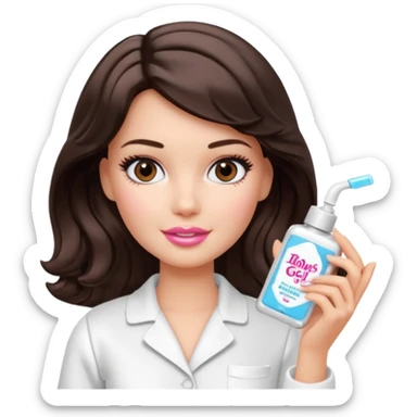 A Barbie girl with makeup, with short wavy dark brown hair in white pajamas, holding a facial gel in her hand sticker