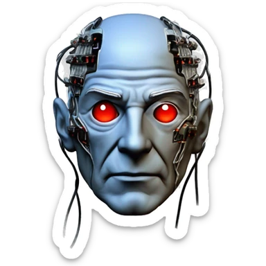Jean luc picard from Star Trek assimilated by the Borg, with mechanical metal covering the left side of his face, with wires and a red light on the left side. His eyes are blue sticker