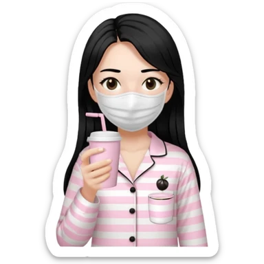 chica de pelo lacio color negro cabellera larga piyama blanca con rayas rosa claras peo no tan claras no oscuras el bordado es negro al igual que los botones )tiene una mascarilla para la carablanca y sostiene y cafe con bolitas nedras al dondo con unsorbete tranparente y es de test blanca  sticker