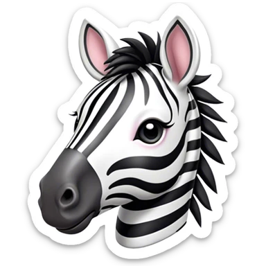 Cinematic Cute Zebra Portrait Emoji, Head tilted playfully and inquisitively, featuring a glossy, intricately striped fur of black and white, a refined, horse-like head with a long snout and alert ears, and round, sparkling eyes filled with curious wonder, Simplified yet irresistibly adorable features, highly detailed, glowing with a warm, friendly glow, high shine, affectionate and spirited, stylized with a touch of savannah whimsy, bright and endearing, soft glowing outline, capturing the essence of a mischievous yet loving zebra that feels like it could prance out of the screen and into your arms! sticker
