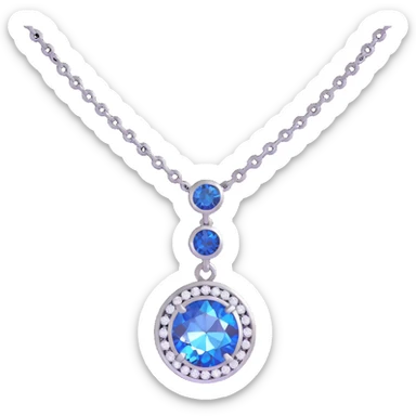 Y2K style pendant with round cut white diamond, holographic shine, silver chain, blue sapphire accent, bubbly and metallic design sticker