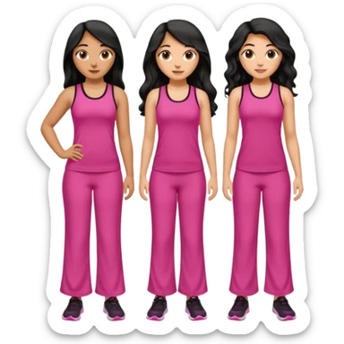 3 olive skin tone best friends. First one wearing pink gym attire modest with long black hair wavy. Second one wearing a pink fitted long maxi dress with curves long black hair and the last one wearing pink casual clothes with brown mid length hair sticker