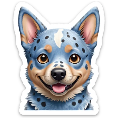 Cinematic Comical Blue Speckle Australian Cattle Dog Portrait Emoji, Head tilted dramatically with an exaggeratedly amused expression, featuring a striking blue speckle Fur with bold patterns, wide, expressive blue eyes filled with playful disbelief, Simplified yet hilariously expressive features, highly detailed, glowing with a slightly sassy glow, high shine, dramatic yet playful, stylized with an air of cheeky charm, bright and endearing, soft glowing outline, capturing the essence of a spirited and over-the-top herder, so meme-worthy it feels like it could side-eye its way into internet fame instantly! sticker