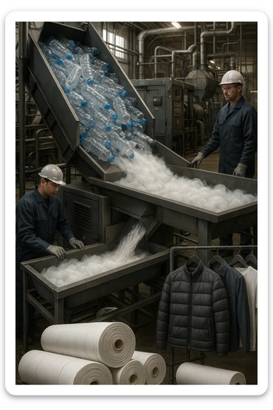 vertical realistic scene in 2:3 aspect ratio depicting an industrial recycling chain where PET plastic bottles are processed and turned into polyester fabric for clothing. Show detailed bottles, machinery, and finished clothes. Professional atmosphere, factory environment, clear industrial process. sticker