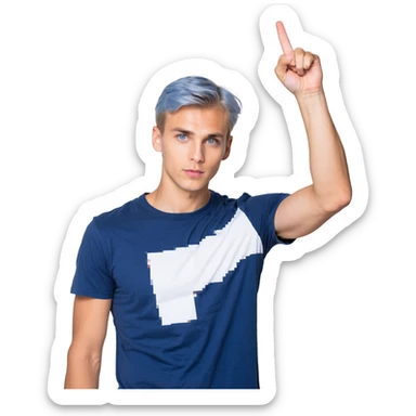 Flat pixel art, confident male leader, Caucasian, short neat blonde hair, sharp eyes, indigo T-shirt, one arm raised pointing out, waist-up, front-facing sticker