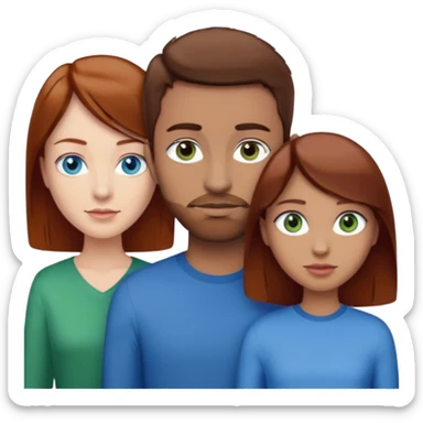One woman with blue eyes, brown hair, light skin standing next to another woman with darker red brown hair, lighter skin, and green eyes, standing next to a man with no facial hair, blue eyes, and short brown hair sticker