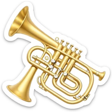 “Flat vector icon of a golden side-view trumpet with mouthpiece, bell, and three valves, thick outline, centered on a deep navy blue rounded-square (or circle); from the bell, 2–3 small white or light-blue music notes with dark outline emerge.  sticker