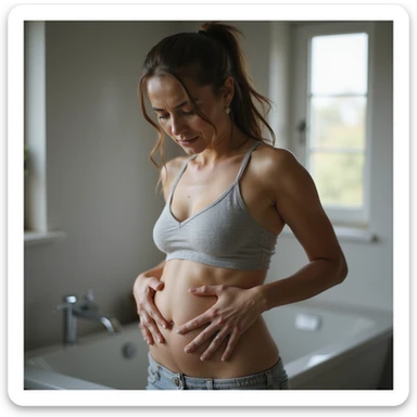 hyperrealistic woman standing with curved posture, both hands on abdomen, expression of discomfort and pain, realistic details, 4K quality, bathroom environment sticker