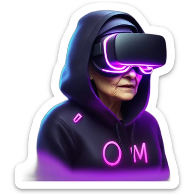 Russian old woman wearing a black hoodie with "OMG" letters on it and VR headset in a cyberpunk VR environment with violet neon lighting. sticker