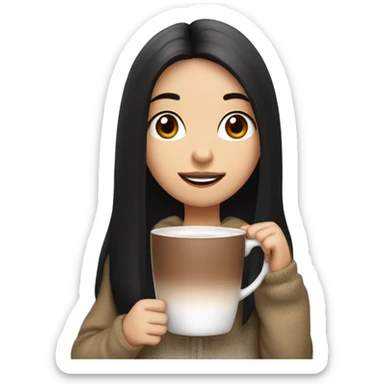 girl with black straight hair drinking hot cocoa, centre part, white face sticker