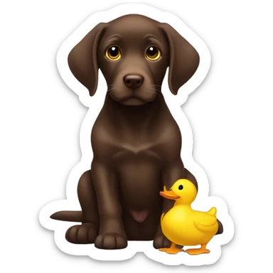Chocolate lab puppy with big yellow duck toy sticker