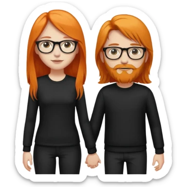 girl with long orange hair wearing no glasses and all black clothes and holding hands with boy with black hair and beard and glasses and pale skin sticker