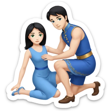 prince, upright, black Hair, blue eyes, blue garment,  Woman, blonde Hair, Green eyes, bending knee, sleveless, white Dress, sticker