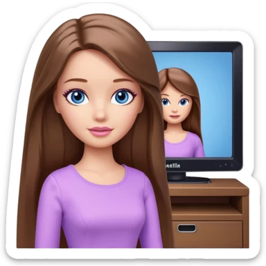 beautiful barbie girl with long brown hair, blue eyes and wearing light purple clothes watching netflix on tv sticker