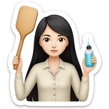 A white woman with long, straight black hair, wearing an ivory-colored shirt, holding a small square wooden paddle hairbrush in her left hand and spraying a hair mist bottle with her right hand toward her hair. sticker