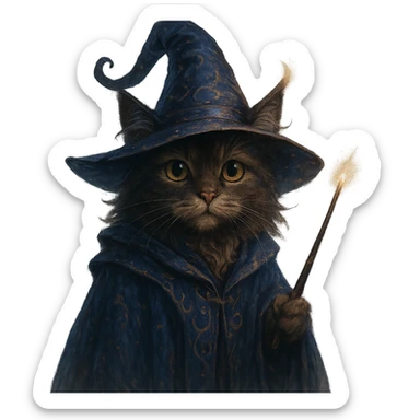 wizard cat wearing a magical hat, holding a wand, mystical fantasy style sticker