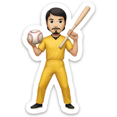 Steve Jobs wearing Bruce Lee's yellow jumpsuit, holding a baseball bat and ball sticker