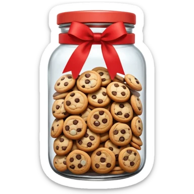 A chewy chocolate chip cozy cookie in an organized jar, saying "Cookie Jar" with some small illustrations on the jar to indicate there are cookies stored inside, a big red ribbon on the lid sticker