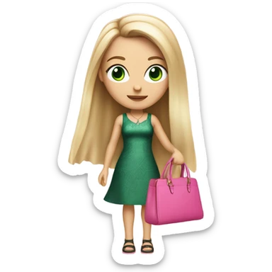 Realistic White girl with Long straight blonde hair and green eyes, tattoos, full body wearing pink dress, holding pink handbag sticker