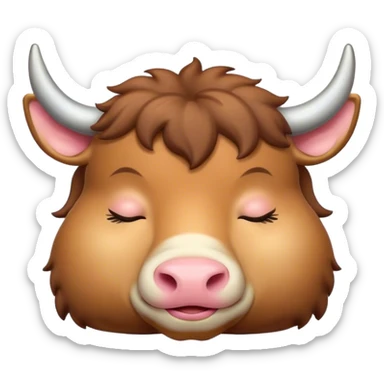 Meme-Worthy Cute Sleeping Domestic Ox Portrait Emoji, Head resting peacefully with a contented smile, showcasing a massive, sturdy build and a luxuriously soft hide, eyes gently closed in serene, restful slumber, Simplified yet hilariously adorable features, highly detailed, glowing with a soft, drowsy natural light, high shine, relaxed and utterly lovable, stylized with an air of playful laziness, soft glowing outline, capturing the essence of a sleeping ox that feels destined to become the next viral sensation of adorable rest! sticker