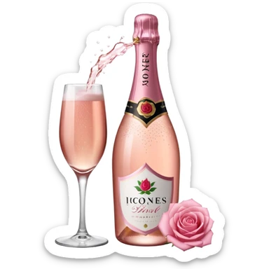 bottle of sparkling rose champagne tilted up and to the right, with a rose logo sticker