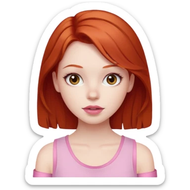 Redhead girl with deep brown eyes, pale skin with light red lips wearing a pink strap shirt sticker