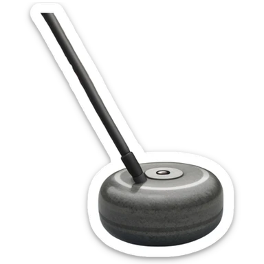 An icon showing a detailed close-up of a curling stone sliding across the ice, with a broom in motion beside it. The background features an indoor stadium with cheering spectators on the stands. Transparent background captures the strategy and focus of curling. sticker