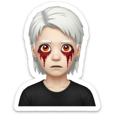 ok make a zombie avatar that has pale skin more like zombie not human, young, asian, mullet hair, white hair with hoop earrings wearing just a black T shirt white blood from the eyes, p sticker
