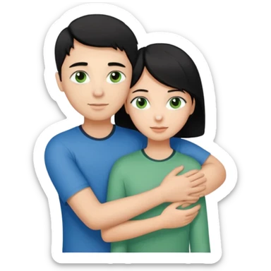 Make a couple hugging the girl is white with black hair with blue eyes hugging a boy with lightbrwn short hair with green eyes  sticker