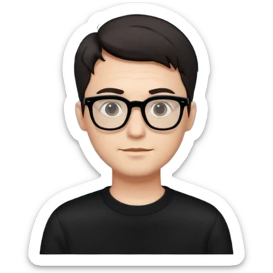 crea un uomo con i capelli corti scuri, occhiali da vista neri rettangolari e un maglione nero sticker