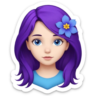 Create a girl of European appearance who looks sideways with dark brown hair, blue eyes and a purple hair flower sticker