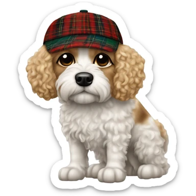 A white curly haired dog / cavapoo wearing chav tartan baseball cap  sticker