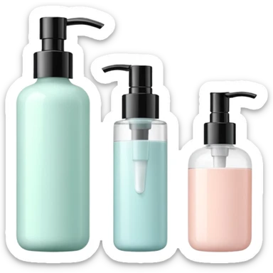 three pastel-colored skincare or cosmetic products arranged side by side. The set includes a pump bottle, a small round jar with a lid, and a squeeze tube sticker