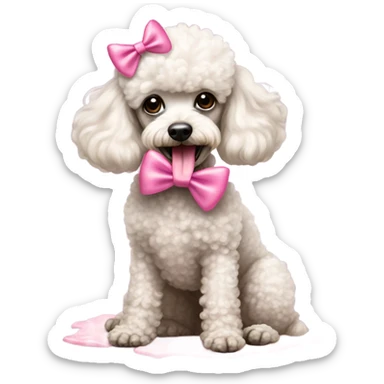 miniature poodle with a pink bow on the head licking i cream off the floor  sticker