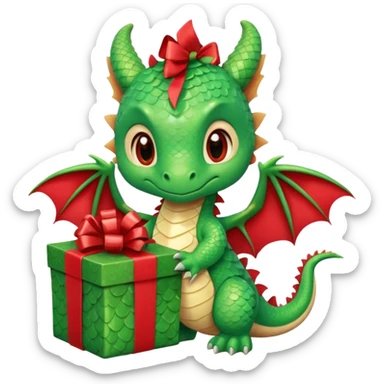 a cute baby dragon is holding a carton gift with red ribbon sticker